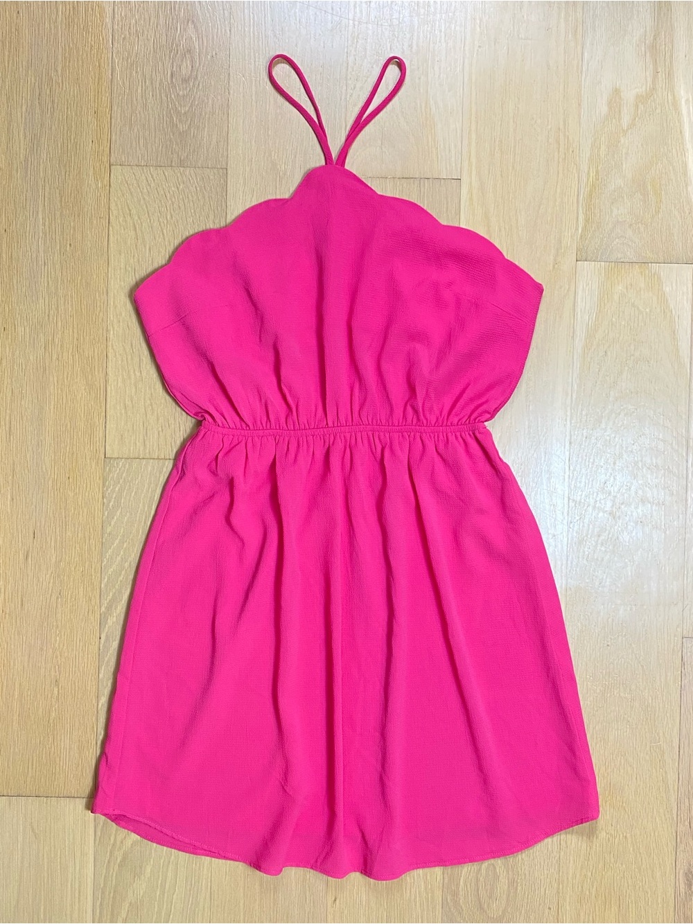 Hot Pink Scalloped Halter Mini Dress Large Barbie Preppy Summer Sundress